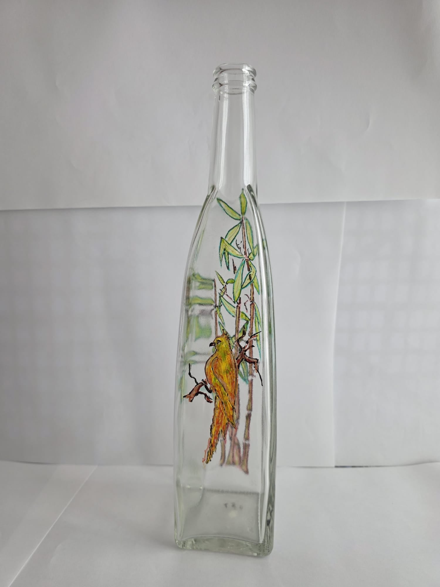 Bouteille décorative, motif oiseau et bambou