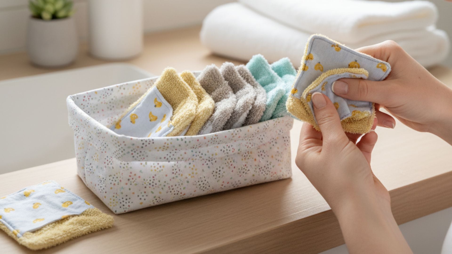 Lingettes démaquillantes lavables avec support – Douceur artisanale